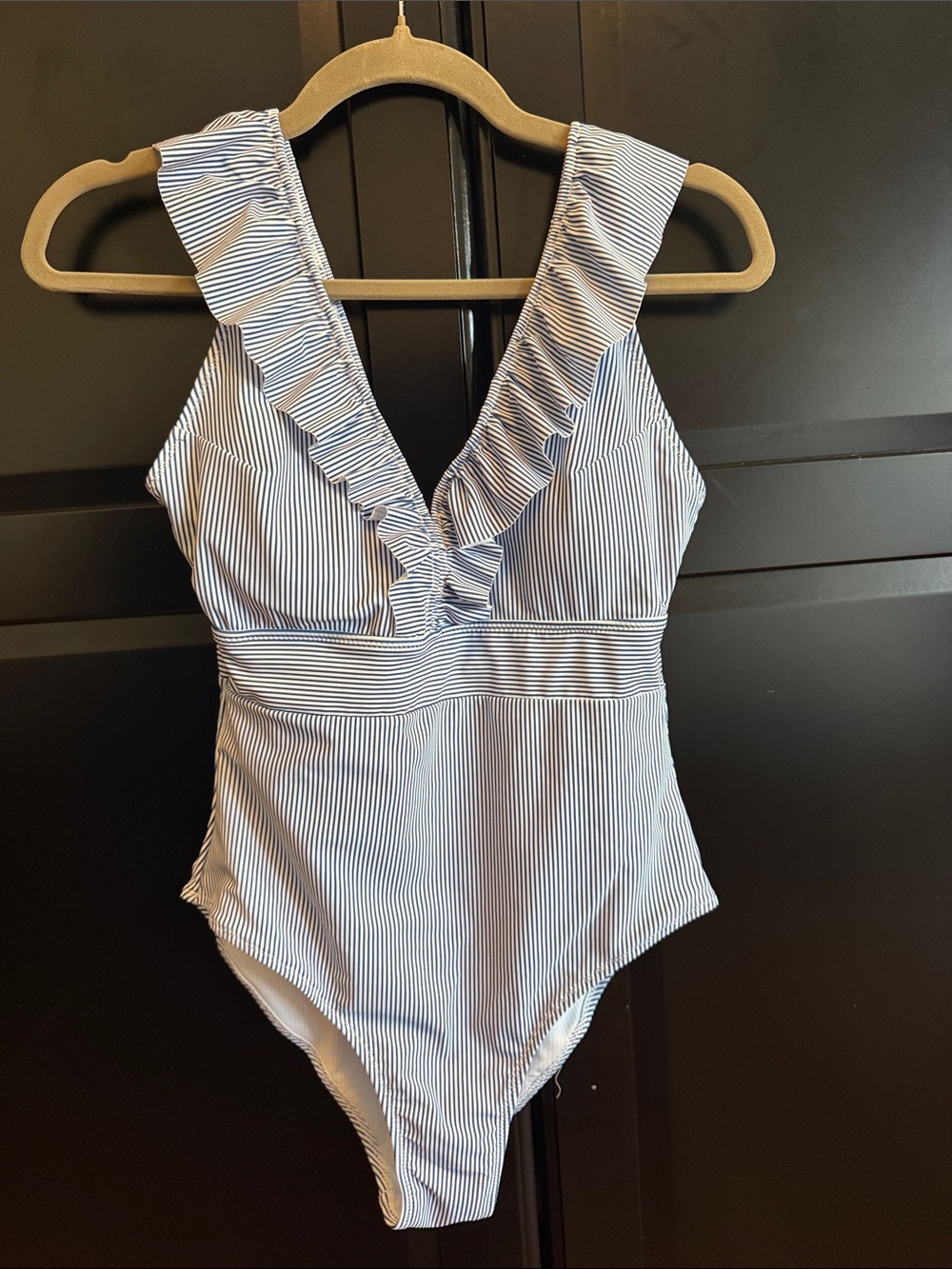 Ruffled V-Neck One-Piece Swimsuit in Navy Stripe